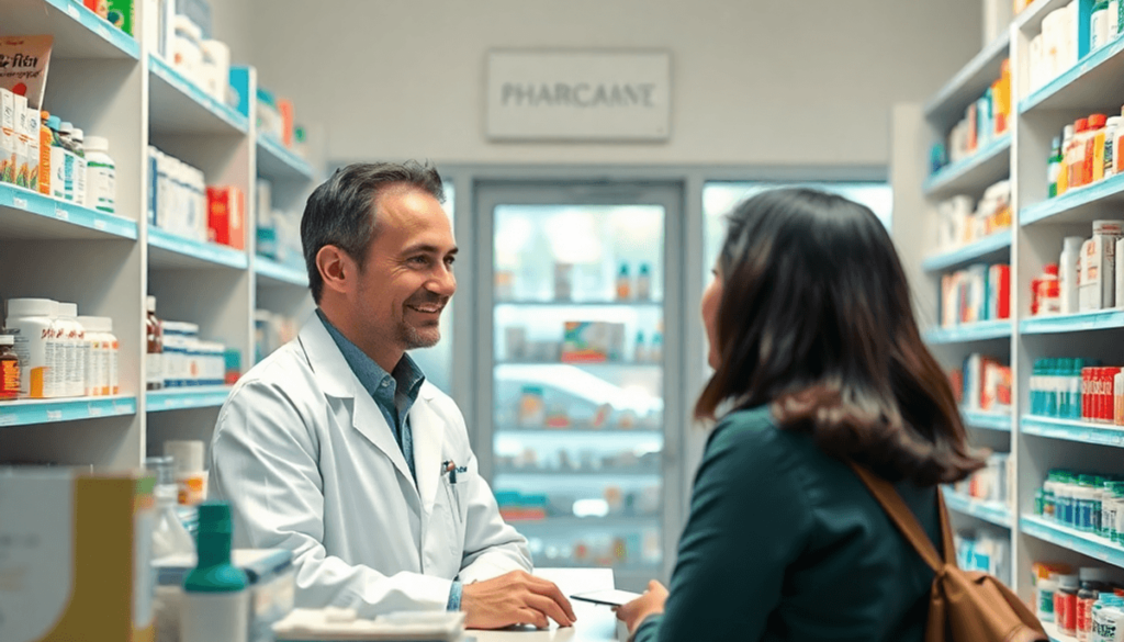 Bright community pharmacy interior with a pharmacist consulting a patient at the counter, surrounded by shelves of medicines and health products.