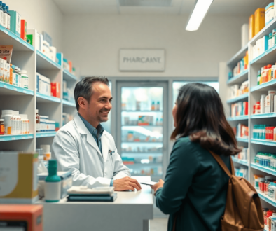 Bright community pharmacy interior with a pharmacist consulting a patient at the counter, surrounded by shelves of medicines and health products.