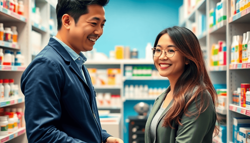 Bright pharmacy interior with a friendly pharmacist assisting a smiling customer, surrounded by shelves of medications and health products.