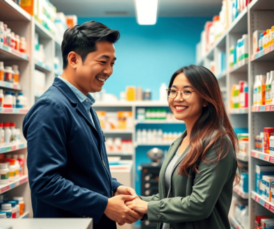 Bright pharmacy interior with a friendly pharmacist assisting a smiling customer, surrounded by shelves of medications and health products.