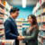 Bright pharmacy interior with a friendly pharmacist assisting a smiling customer, surrounded by shelves of medications and health products.