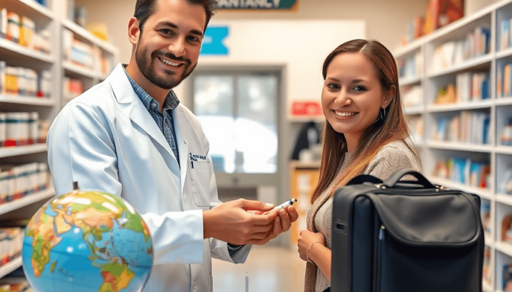 Bright pharmacy interior with a pharmacist preparing vaccines, surrounded by travel items like a globe and suitcase, highlighting healthcare access...