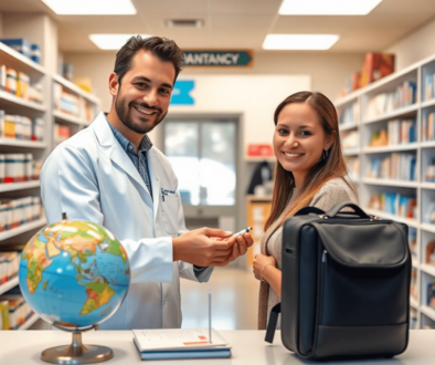 Bright pharmacy interior with a pharmacist preparing vaccines, surrounded by travel items like a globe and suitcase, highlighting healthcare access...