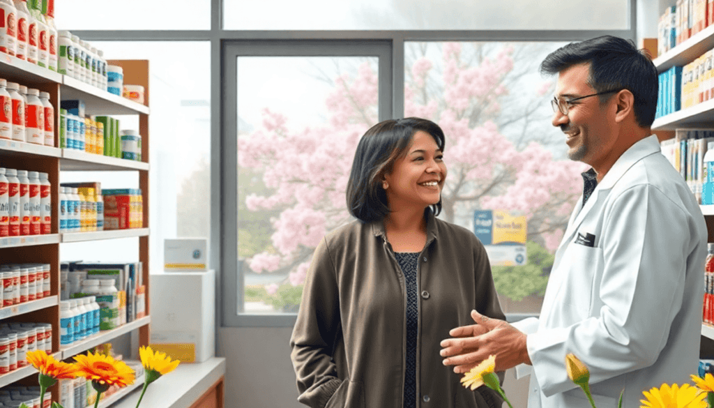 Bright pharmacy interior with allergy meds, a pharmacist helping a customer, and spring flowers visible outside the window.