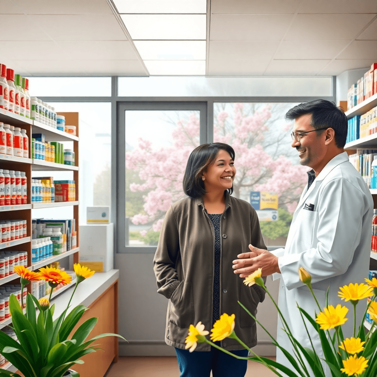 Bright pharmacy interior with allergy meds, a pharmacist helping a customer, and spring flowers visible outside the window.