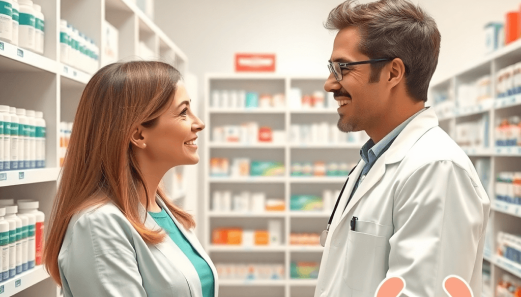 Bright pharmacy interior with shelves of medications, a pharmacist assisting a patient, and subtle urinary tract health icons visible.