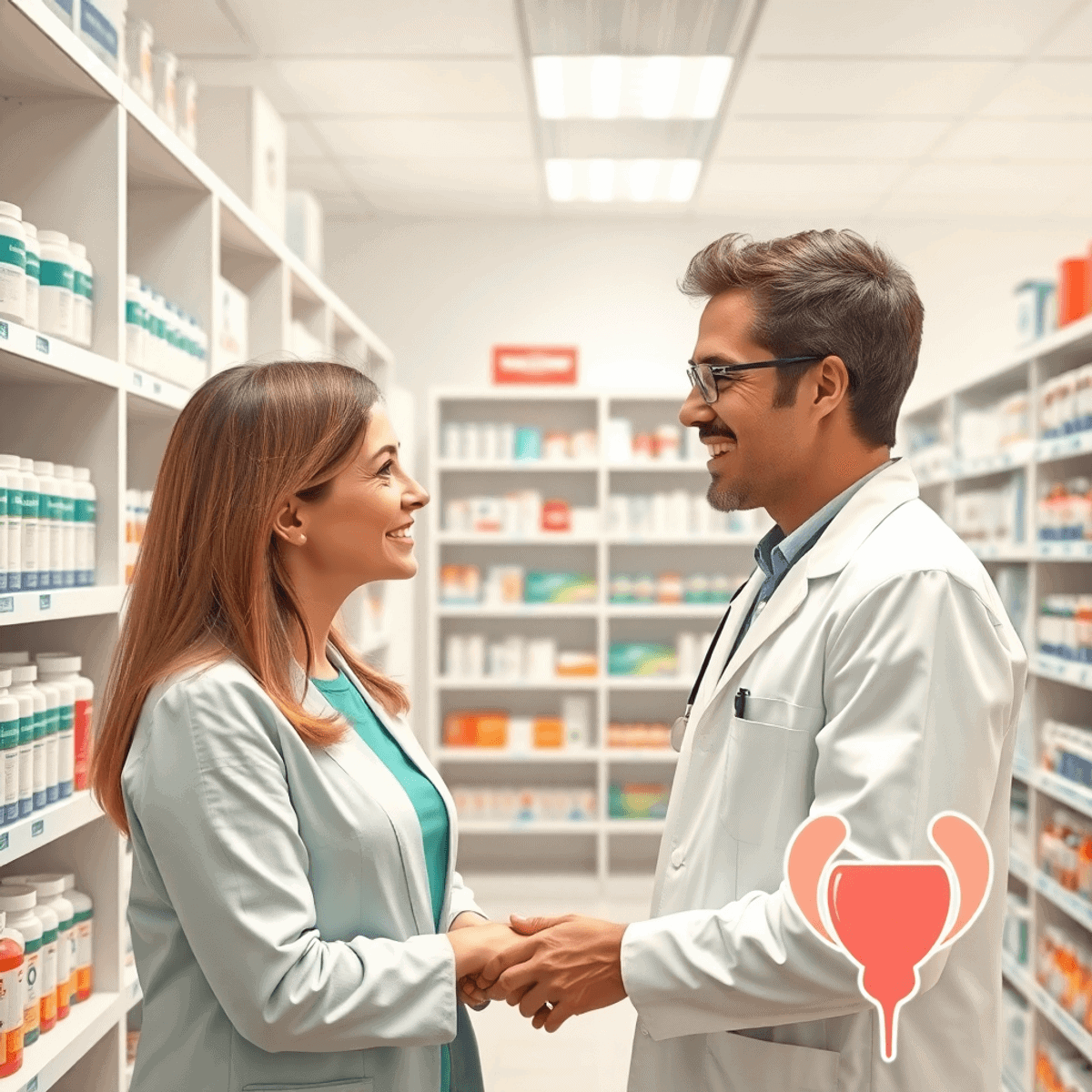 Bright pharmacy interior with shelves of medications, a pharmacist assisting a patient, and subtle urinary tract health icons visible.