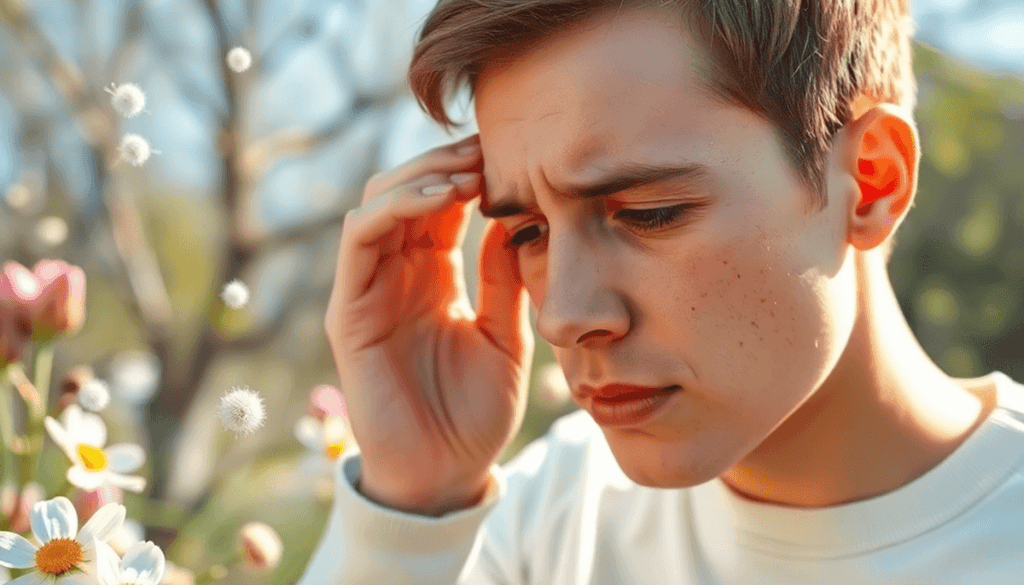 Close-up of a person rubbing itchy eyes outdoors amid blooming spring flowers and floating pollen particles, illustrating hay fever symptoms.