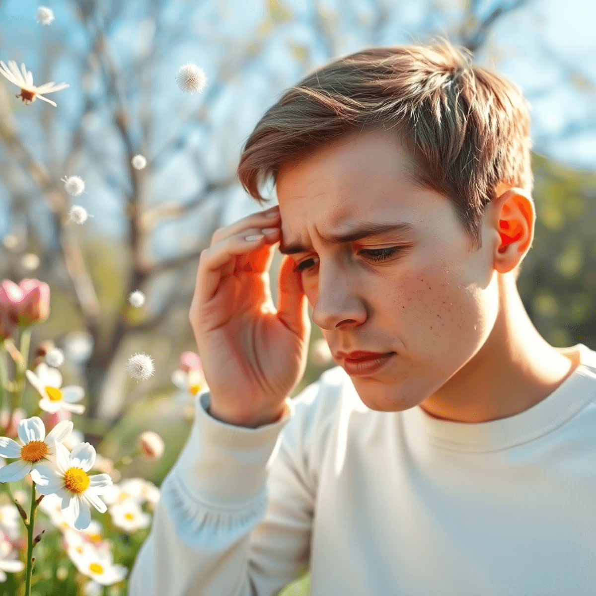 Close-up of a person rubbing itchy eyes outdoors amid blooming spring flowers and floating pollen particles, illustrating hay fever symptoms.
