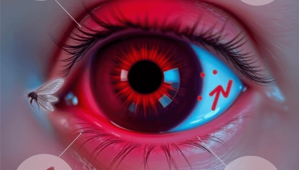 Close-up of a red, irritated eye with tears, surrounded by illustrations of pollen, dust mites, and pet dander, depicting allergic conjunctivitis.