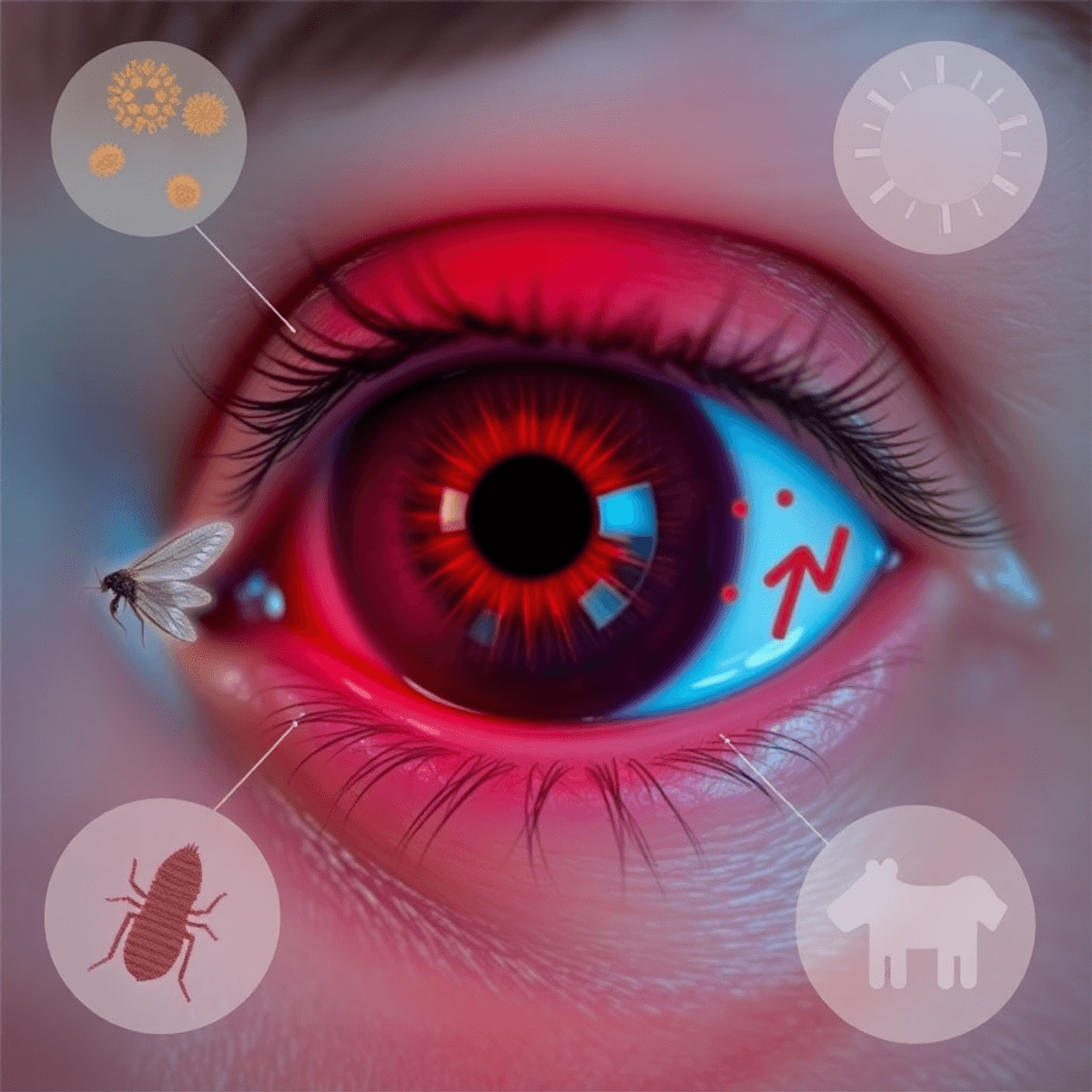Close-up of a red, irritated eye with tears, surrounded by illustrations of pollen, dust mites, and pet dander, depicting allergic conjunctivitis.