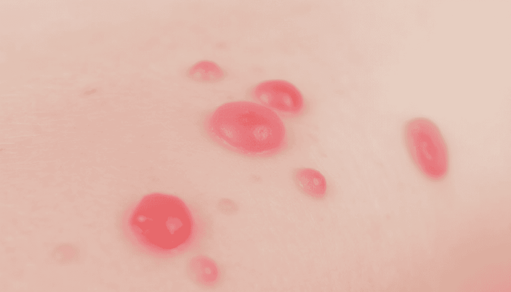 Close-up of red, raised itchy hives on skin, showing irritation and discomfort from an allergic reaction.