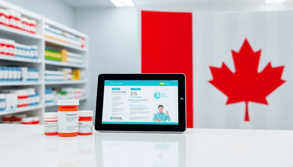 Modern pharmacy counter with medication bottles, digital tablet showing healthcare info, and a subtle Canadian flag backdrop symbolizing Ontario he...