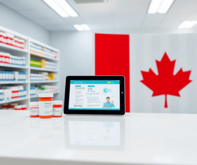 Modern pharmacy counter with medication bottles, digital tablet showing healthcare info, and a subtle Canadian flag backdrop symbolizing Ontario he...