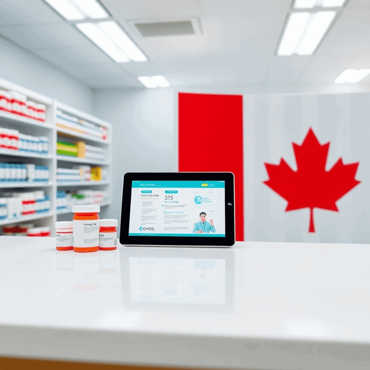 Modern pharmacy counter with medication bottles, digital tablet showing healthcare info, and a subtle Canadian flag backdrop symbolizing Ontario he...
