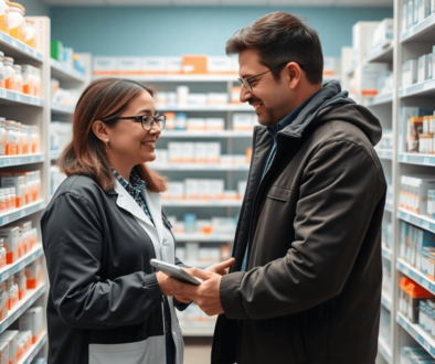 Modern pharmacy interior with a pharmacist consulting a patient, shelves stocked with prescription medications and antibiotics, symbolizing accessi...