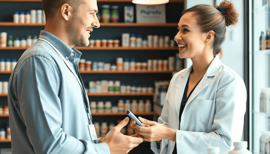 Modern pharmacy interior with pharmacist consulting a patient, shelves stocked with medication and health products, highlighting accessible healthc...