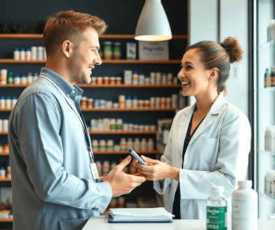 Modern pharmacy interior with pharmacist consulting a patient, shelves stocked with medication and health products, highlighting accessible healthc...