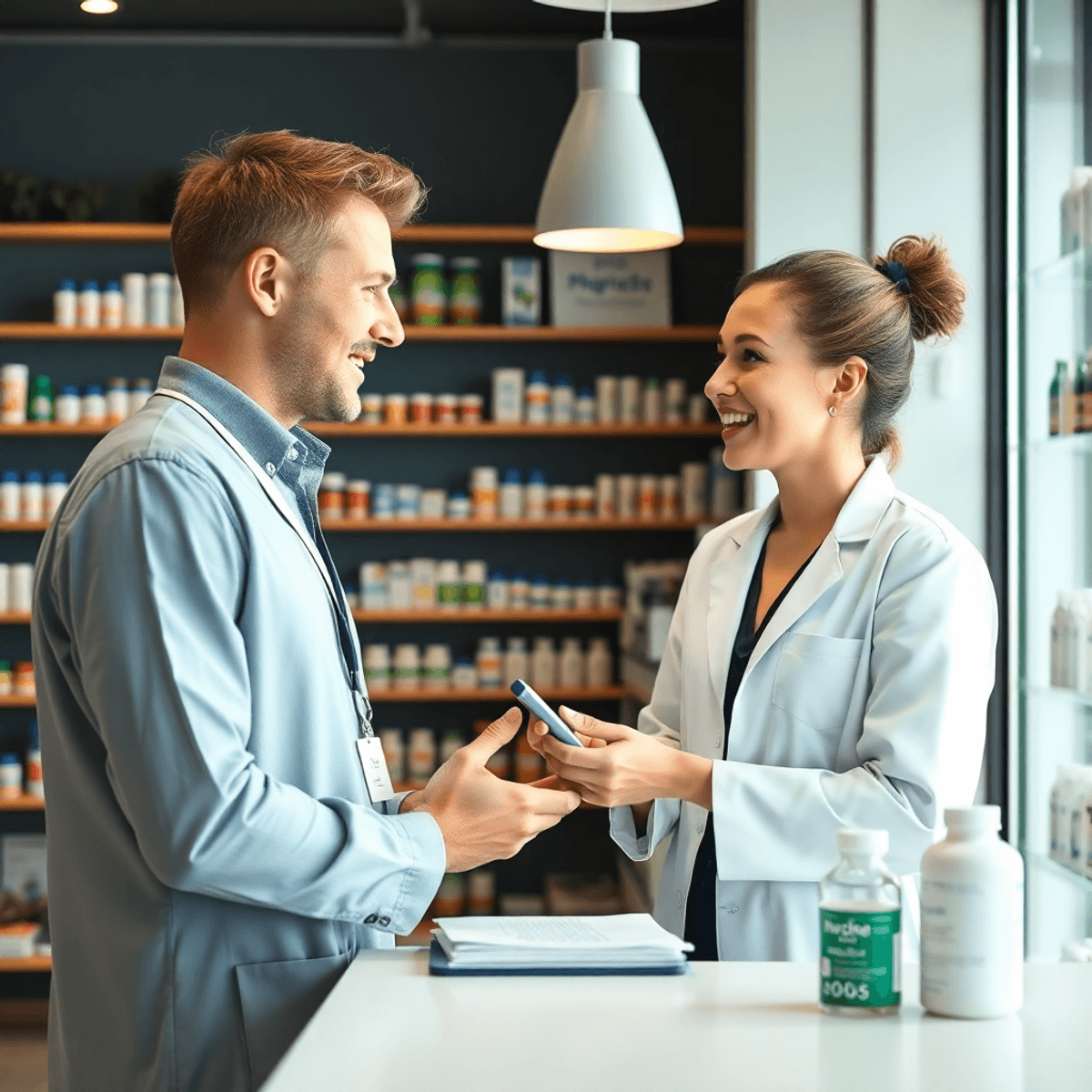 Modern pharmacy interior with pharmacist consulting a patient, shelves stocked with medication and health products, highlighting accessible healthc...