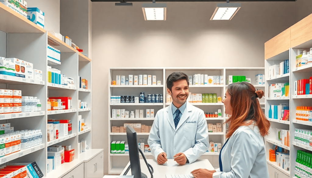 Modern pharmacy interior with shelves of medications, a friendly pharmacist assisting a customer at the counter in a bright, clean, and professiona...