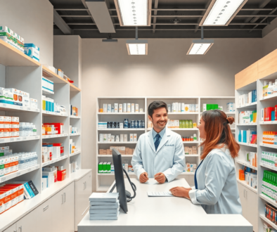 Modern pharmacy interior with shelves of medications, a friendly pharmacist assisting a customer at the counter in a bright, clean, and professiona...