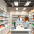 Modern pharmacy interior with shelves of medications, a friendly pharmacist assisting a customer at the counter in a bright, clean, and professiona...