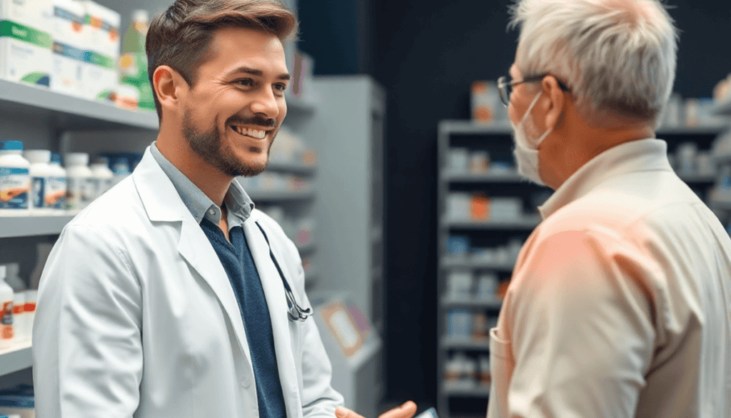 Pharmacist consulting a patient about back pain medication in a bright, modern pharmacy with shelves of medicines and healthcare products.