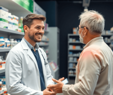 Pharmacist consulting a patient about back pain medication in a bright, modern pharmacy with shelves of medicines and healthcare products.