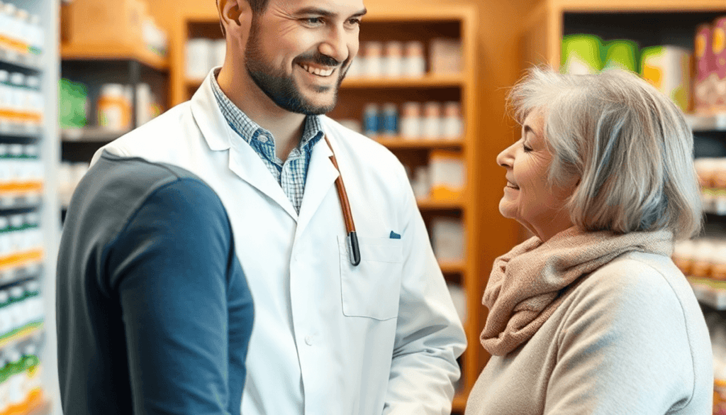 Pharmacist consulting a patient about joint and muscle pain relief in a modern pharmacy with shelves of medications and health products.