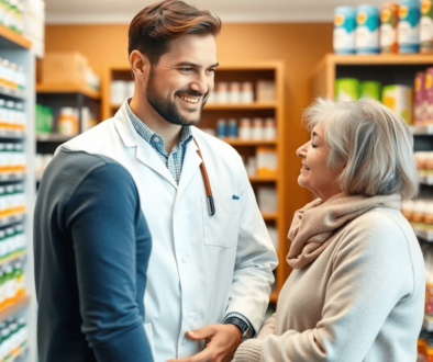 Pharmacist consulting a patient about joint and muscle pain relief in a modern pharmacy with shelves of medications and health products.