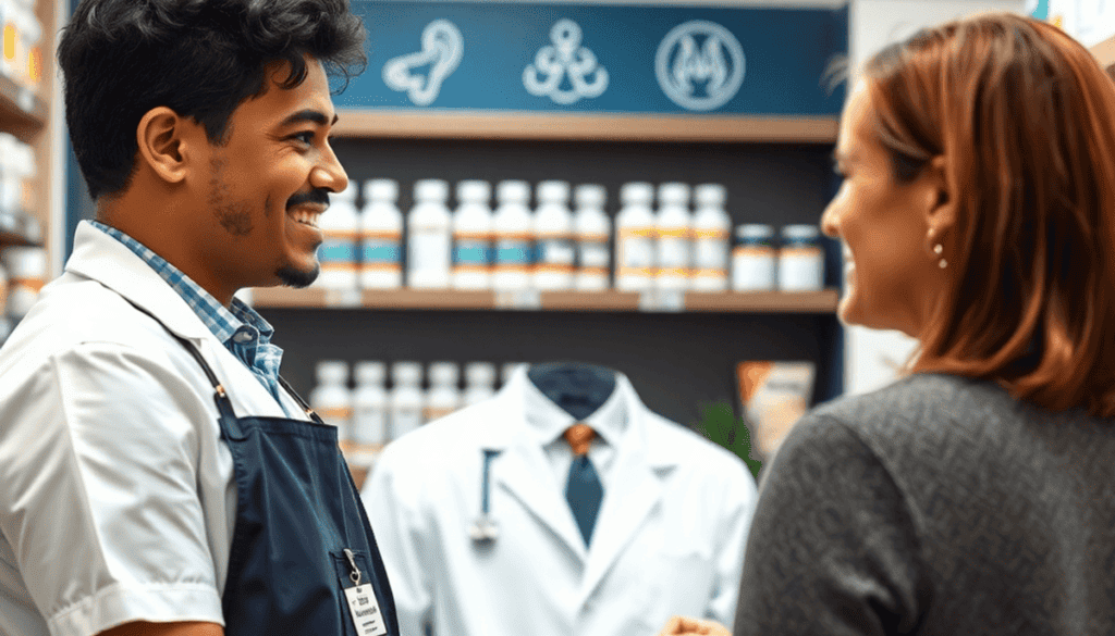 Pharmacist consulting a patient in a modern pharmacy with ear icons and prescription bottles in the background, highlighting accessible ear pain care.
