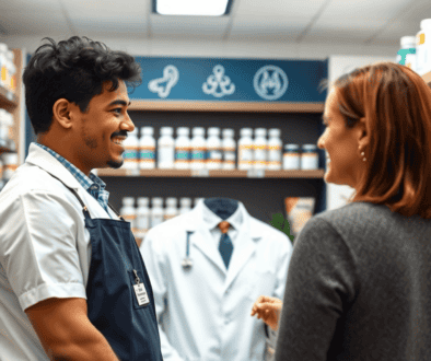 Pharmacist consulting a patient in a modern pharmacy with ear icons and prescription bottles in the background, highlighting accessible ear pain care.