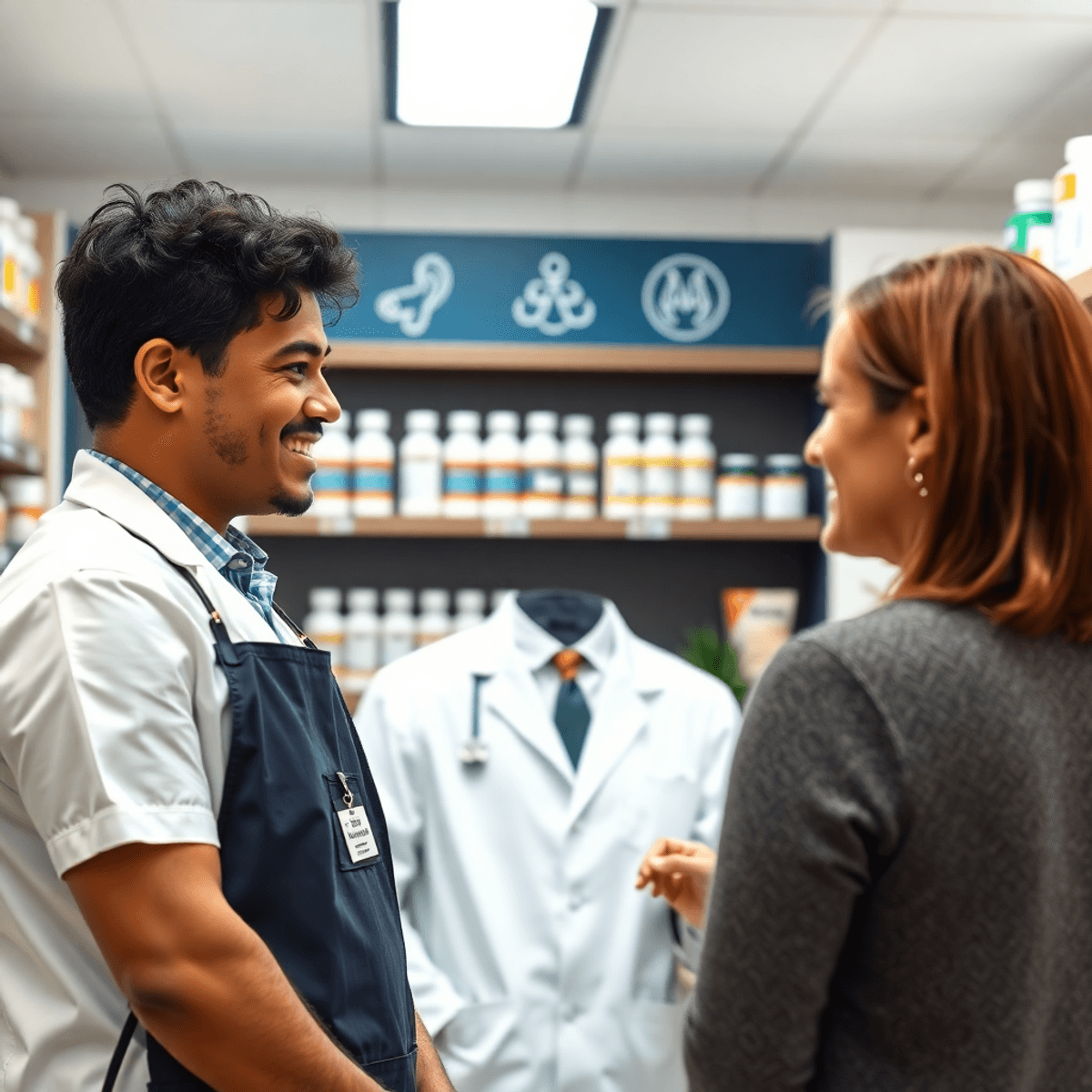 Pharmacist consulting a patient in a modern pharmacy with ear icons and prescription bottles in the background, highlighting accessible ear pain care.