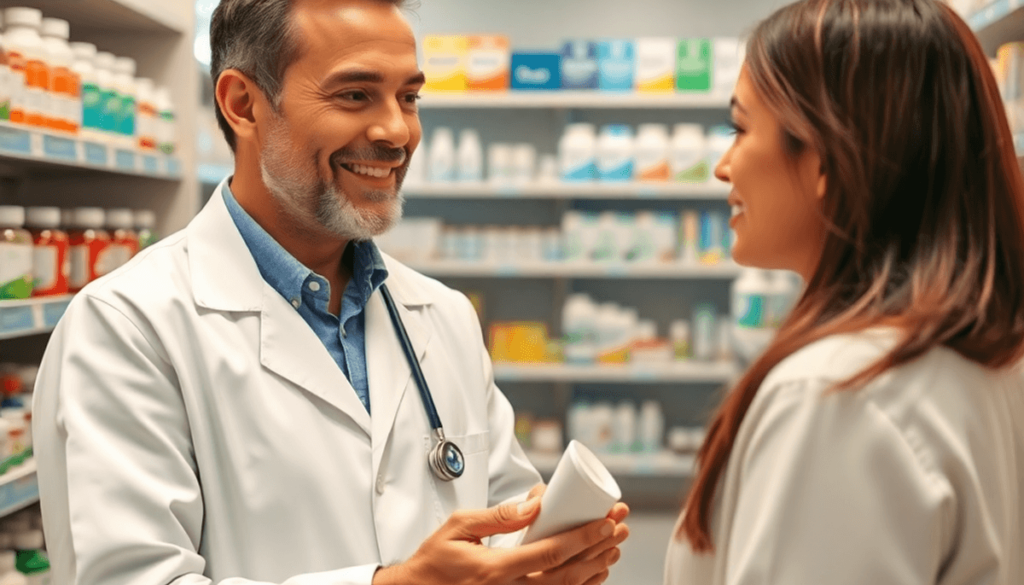 Pharmacist consulting a patient in a modern pharmacy, holding medication with shelves of medicines in the background, symbolizing accessible health...