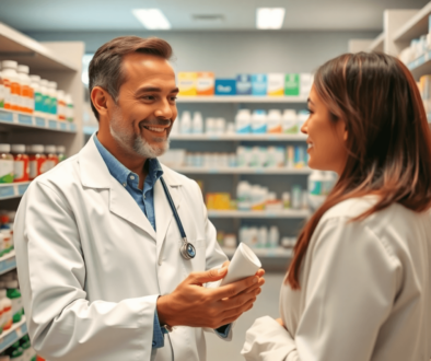 Pharmacist consulting a patient in a modern pharmacy, holding medication with shelves of medicines in the background, symbolizing accessible health...