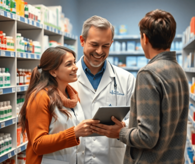 Pharmacist consulting a patient using a digital tablet in a modern pharmacy with shelves of medicines and health products.