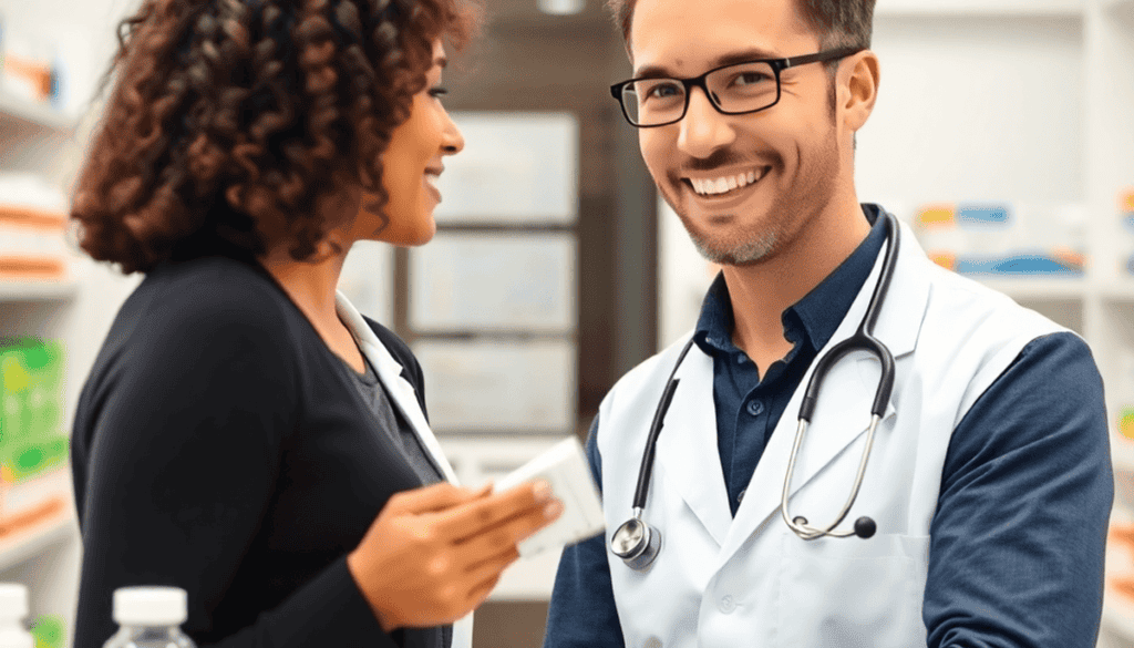 Pharmacist consulting patient in modern pharmacy, holding prescription medication with healthcare symbols like stethoscope and medicine bottles nea...