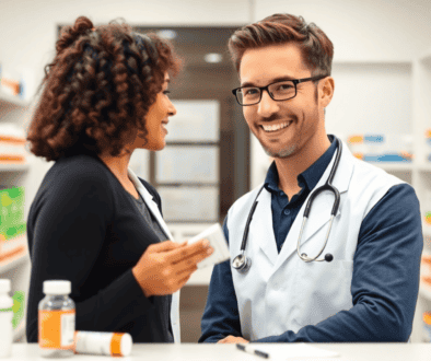 Pharmacist consulting patient in modern pharmacy, holding prescription medication with healthcare symbols like stethoscope and medicine bottles nea...