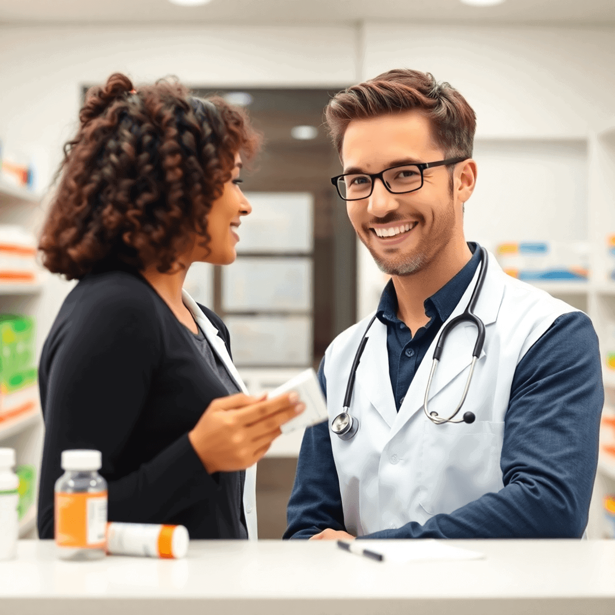 Pharmacist consulting patient in modern pharmacy, holding prescription medication with healthcare symbols like stethoscope and medicine bottles nea...