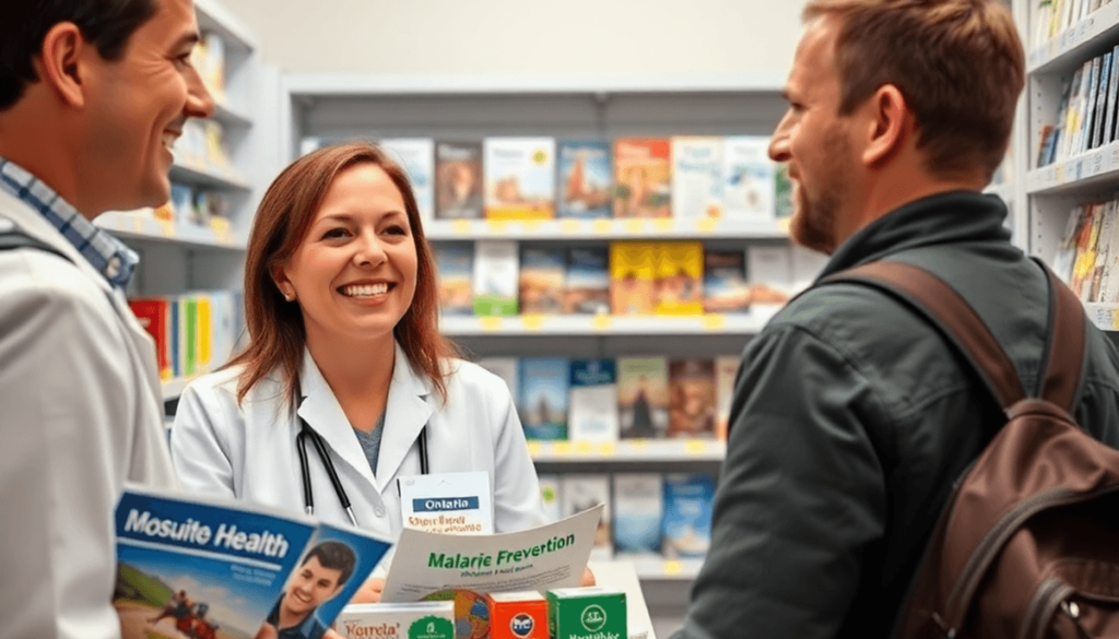 Pharmacist consulting traveler in modern pharmacy with travel health brochures and malaria prevention products on the counter.