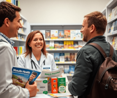 Pharmacist consulting traveler in modern pharmacy with travel health brochures and malaria prevention products on the counter.