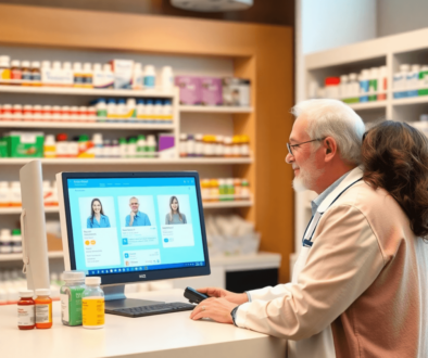 Pharmacy counter with colorful medication bottles, computer showing online pharmacy, and pharmacist assisting senior customer via telehealth.