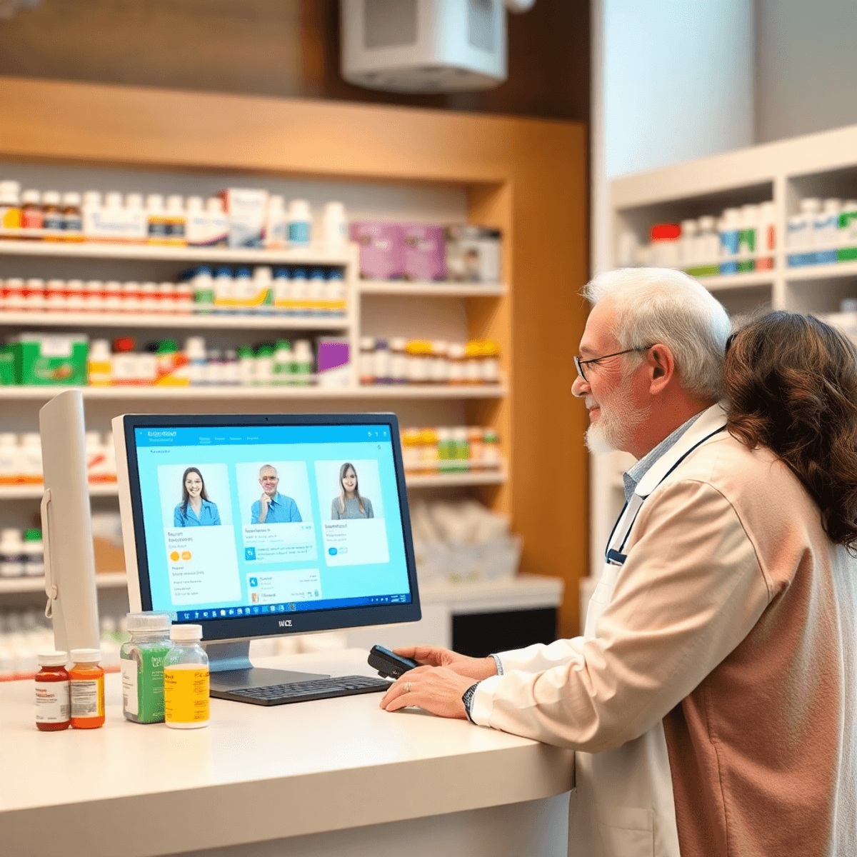 Pharmacy counter with colorful medication bottles, computer showing online pharmacy, and pharmacist assisting senior customer via telehealth.