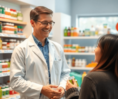 A friendly pharmacist advising a customer about digestive health products in a bright pharmacy with shelves of remedies in the background.