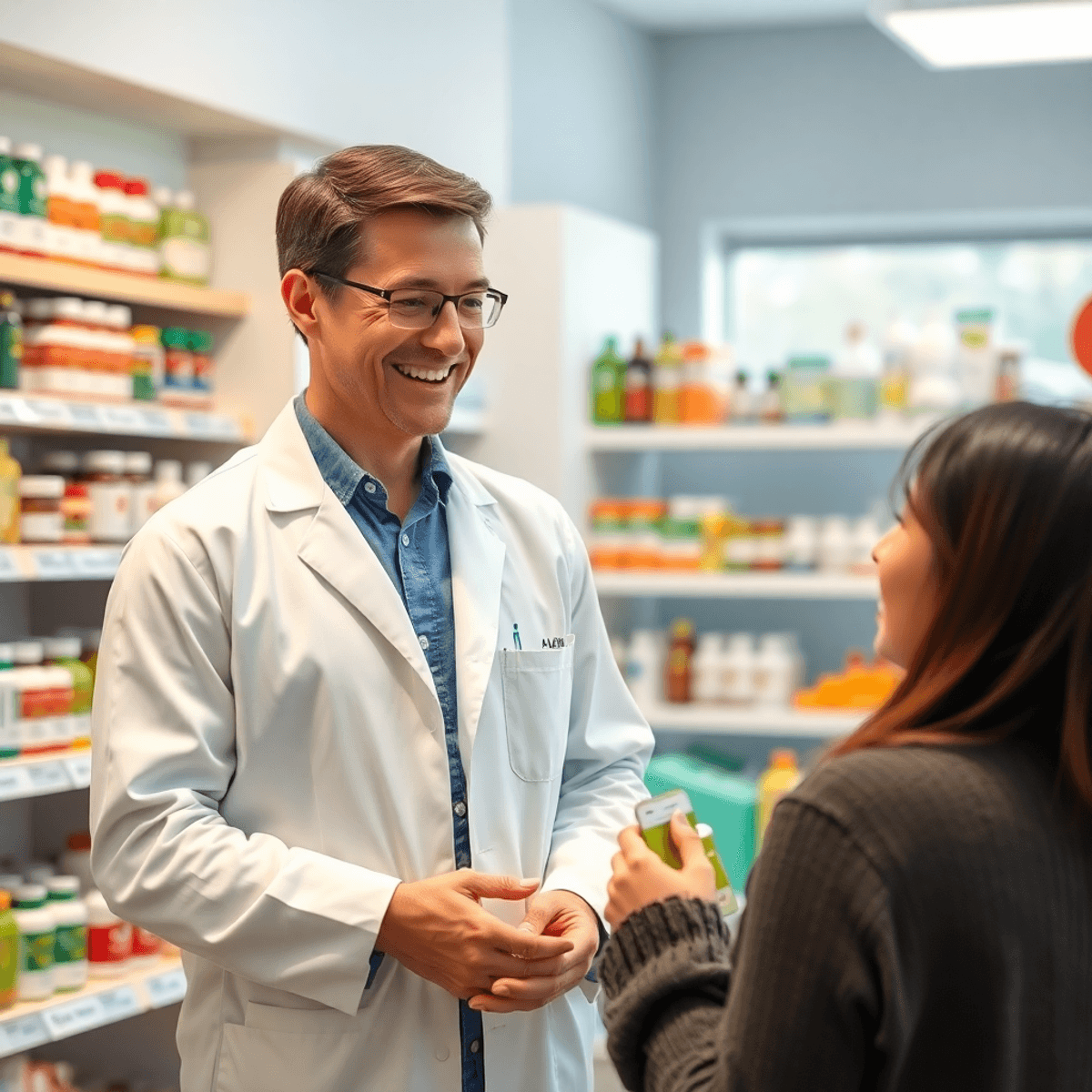 A friendly pharmacist advising a customer about digestive health products in a bright pharmacy with shelves of remedies in the background.