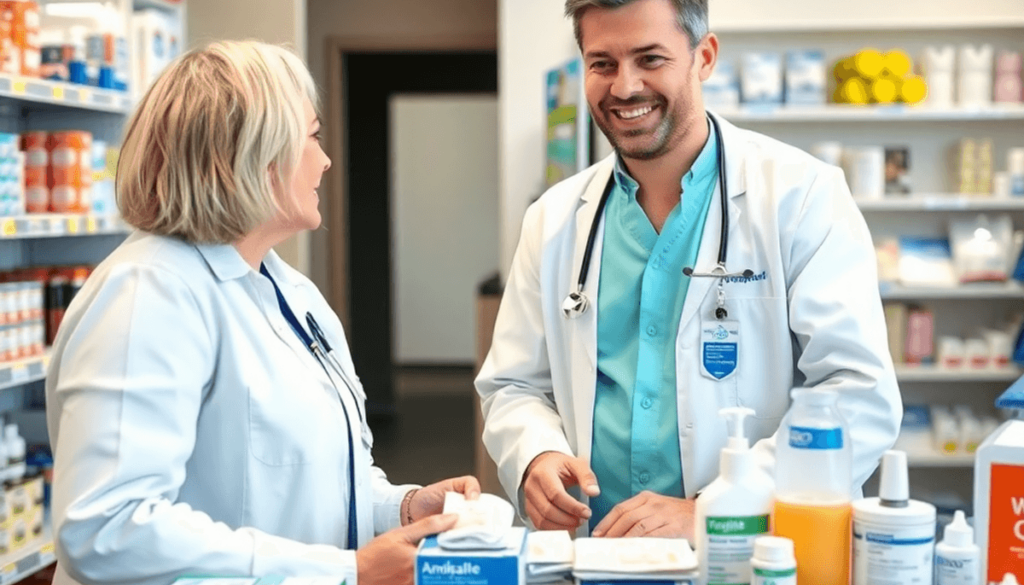A friendly pharmacist in a bright, modern pharmacy assisting a patient with wound care supplies at the counter.