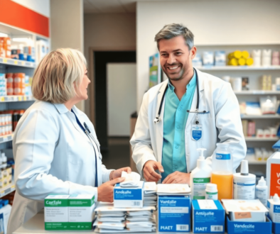 A friendly pharmacist in a bright, modern pharmacy assisting a patient with wound care supplies at the counter.