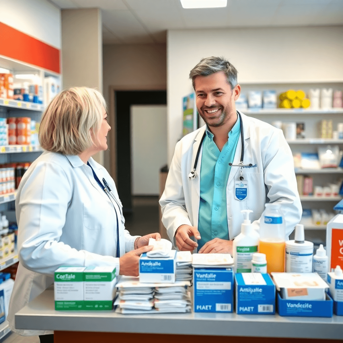 A friendly pharmacist in a bright, modern pharmacy assisting a patient with wound care supplies at the counter.