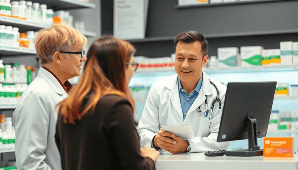 A modern pharmacy counter with a pharmacist consulting a patient, shelves of medication visible in the background.