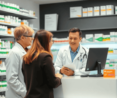 A modern pharmacy counter with a pharmacist consulting a patient, shelves of medication visible in the background.